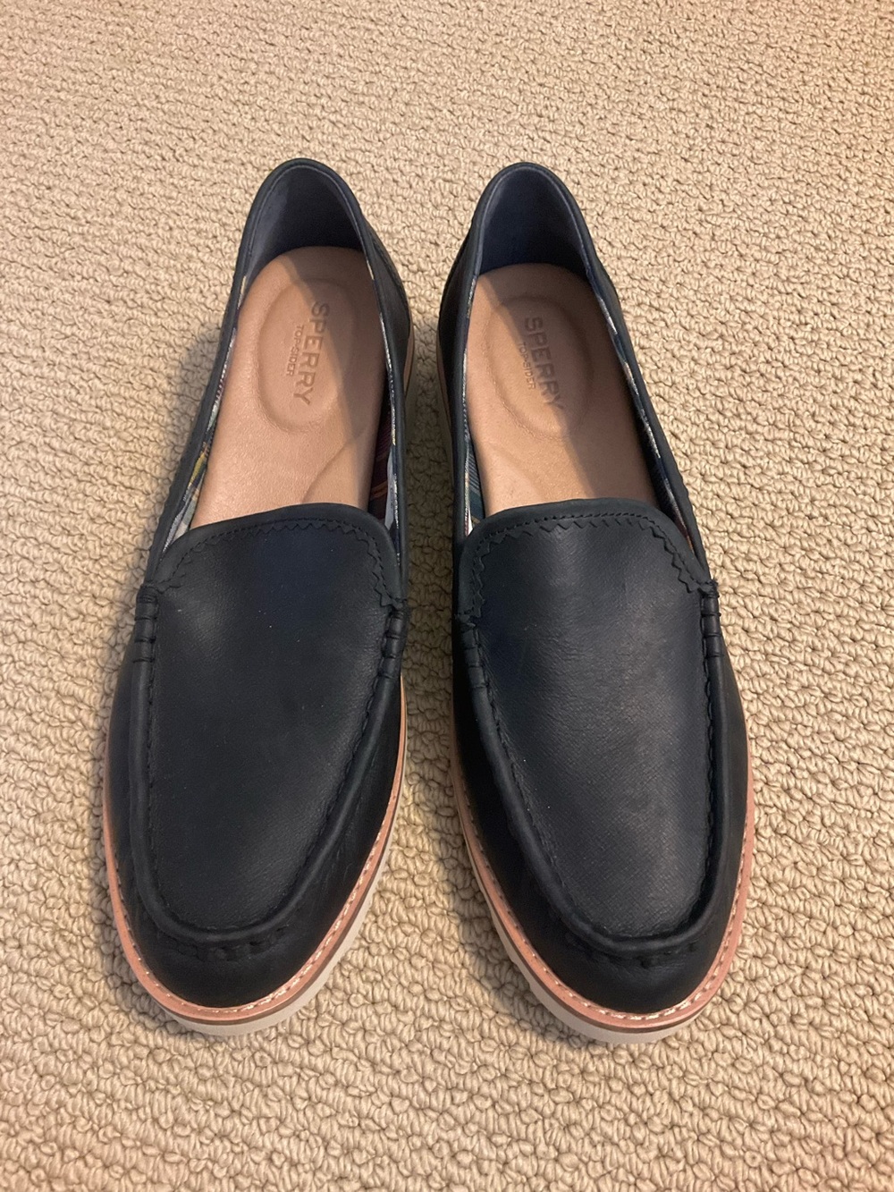 Sperry Black Leather Slip-On Penny Loafers with Tan Trim